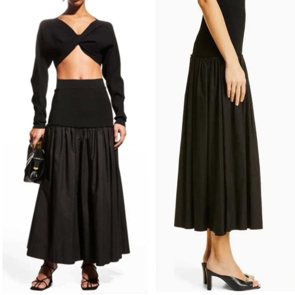 A.L.C. Marlowe Mixed Media Midi Skirt Black Poplin Cotton Stretch Drop Waist XS